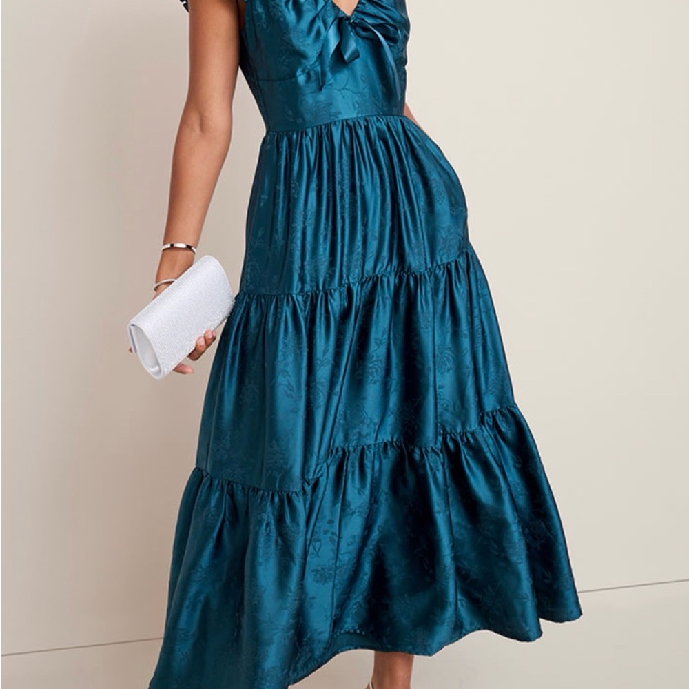 Francesca's Collections Teal Tiered Satin Maxi Dress